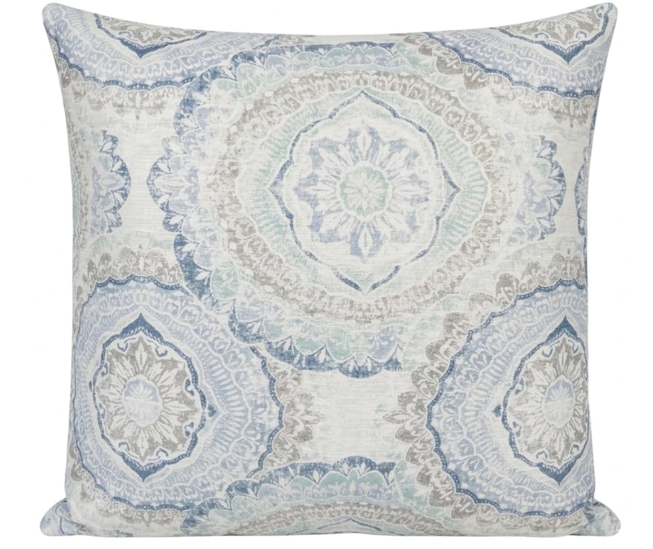 Teal blue and light grey throw pillow cover with central beige floral medallion and smaller blue and grey floral accents.