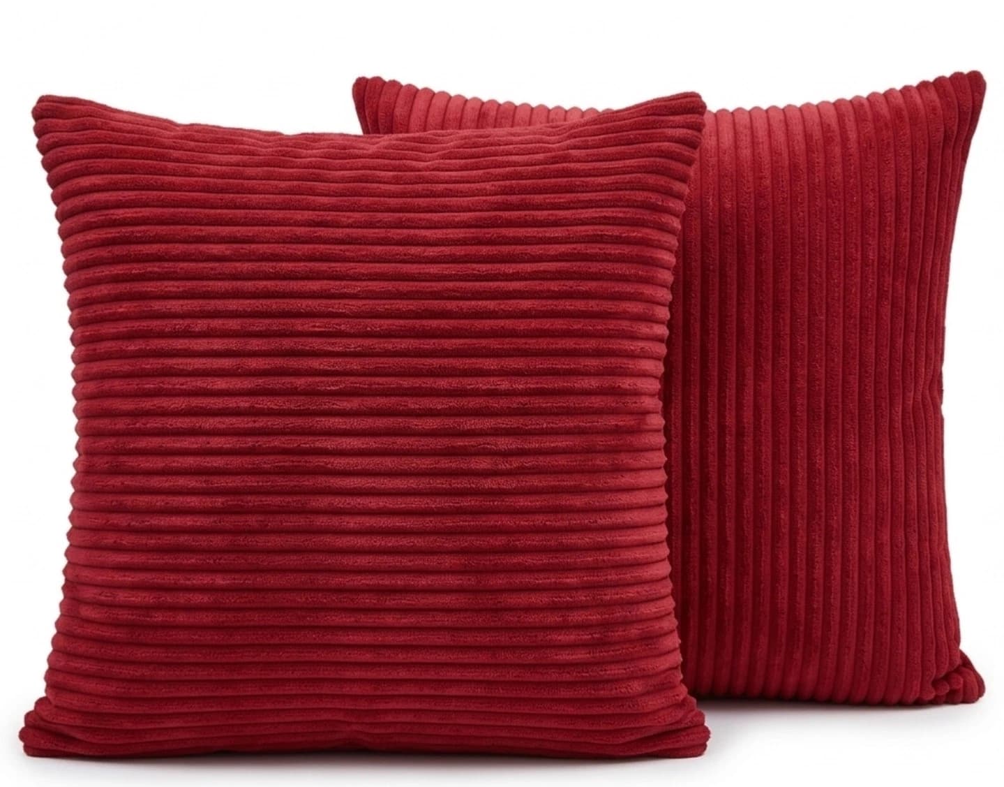 Two red textured soft velvet corduroy throw pillow covers, 18/18 size, with vertical ridges on a white background.