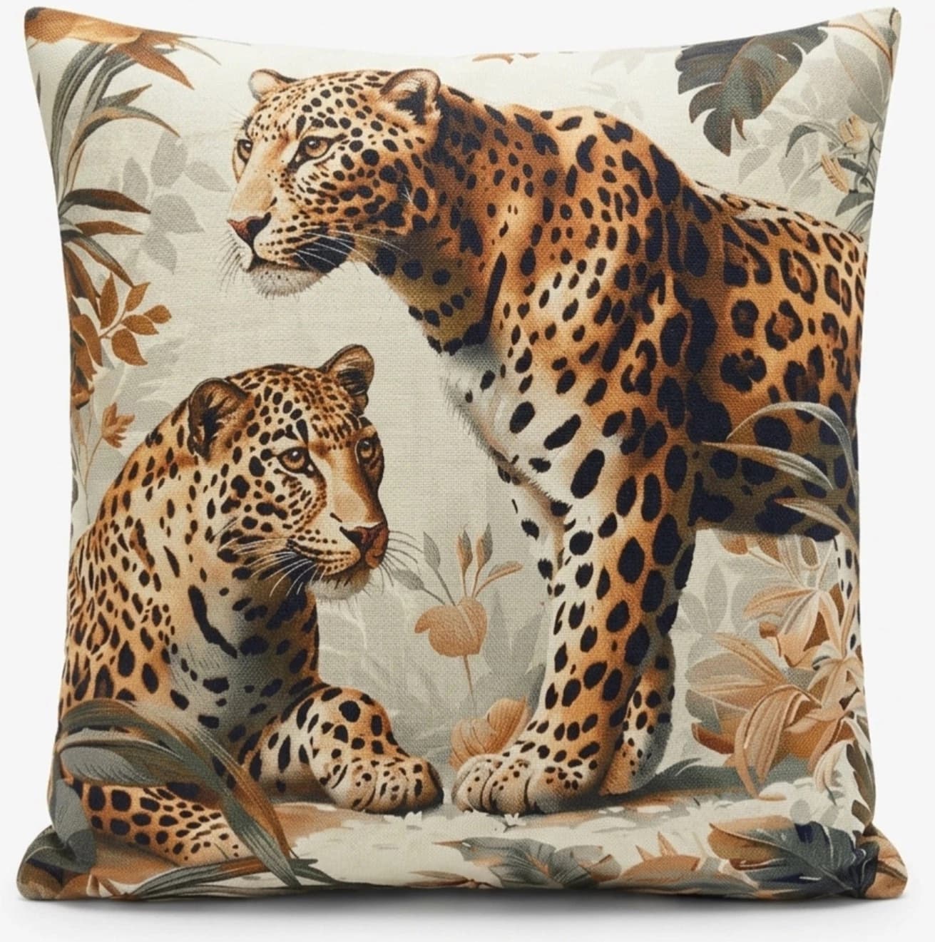 Two brown leopard tiger throw pillow covers with black and white abstract jungle scene design and beige background.