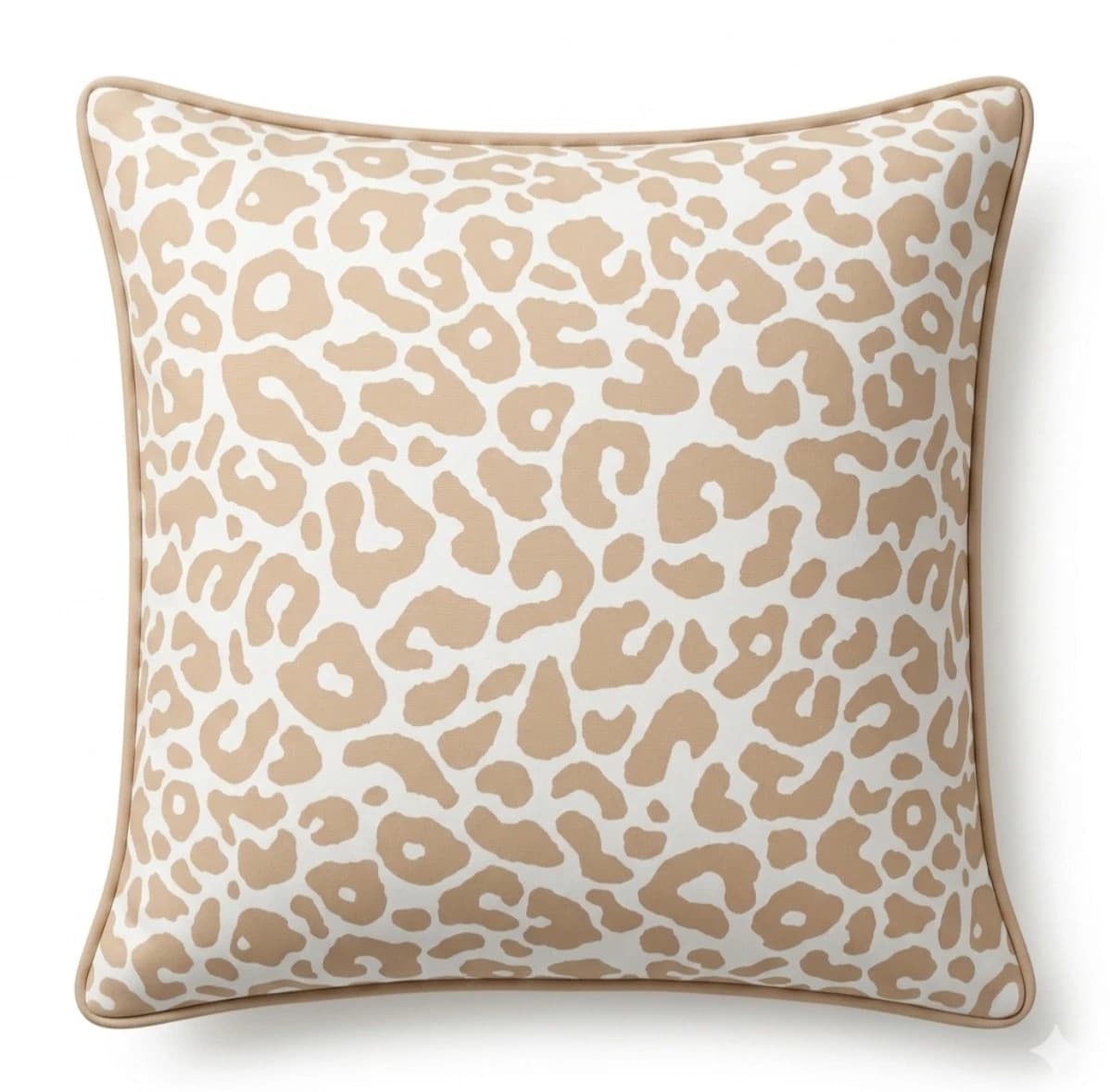 Beige square velvet pillow cover with large beige and black leopard print pattern and matching fabric border.