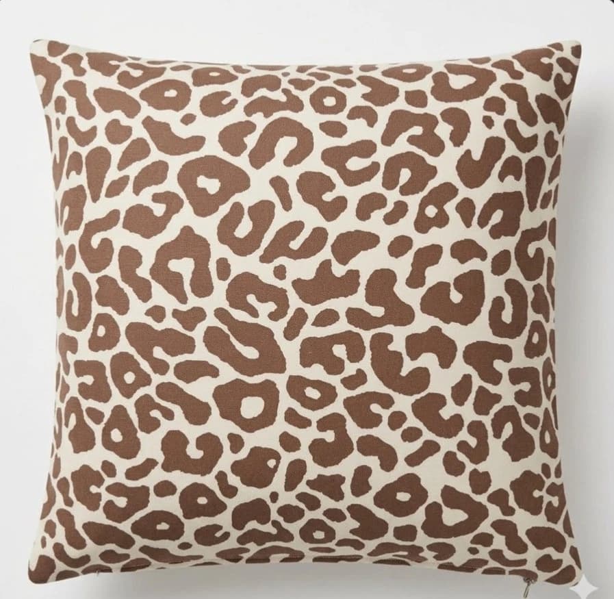 Brown leopard print velvet throw pillow cover with beige background, 18/18 size, modern luxury decor.
