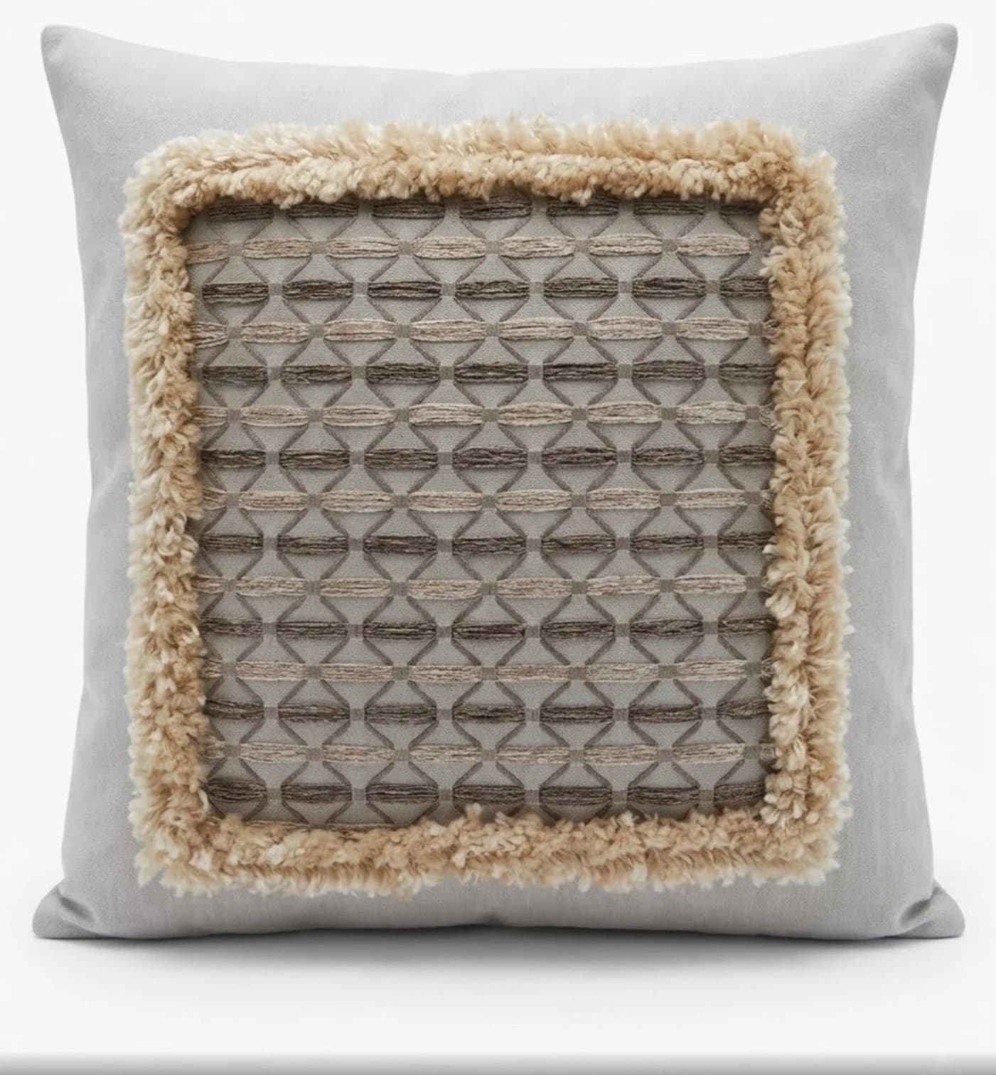 Grey/cream square throw pillow with textured beige center and tan fur border, 20/20 size.