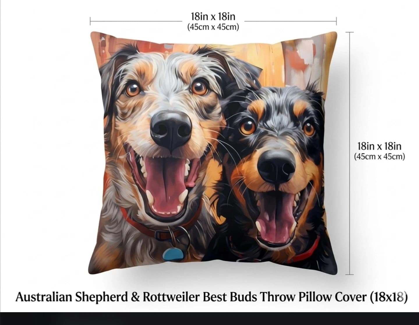 Happy Dogs 18/18 throw pillow cover cute smiling Australian shepherd & Rottweile - Picture 1 of 3