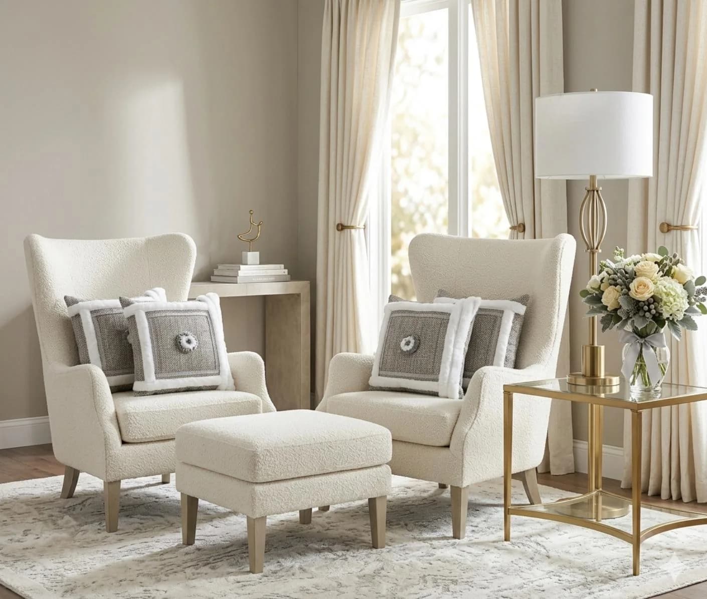 Silver framed pillows on ivory chairs
