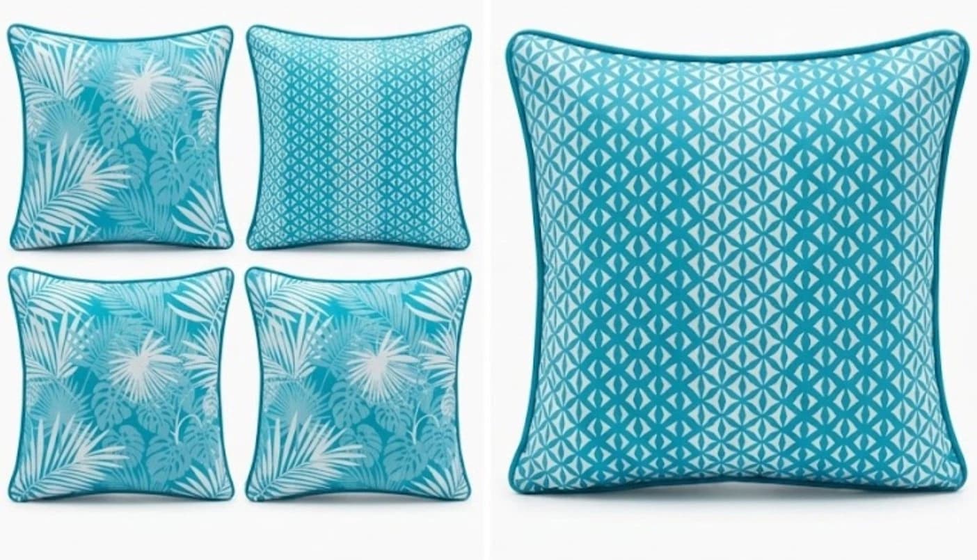Teal outdoor pillow covers with white leaf pattern and geometric diamond pattern on fabric.