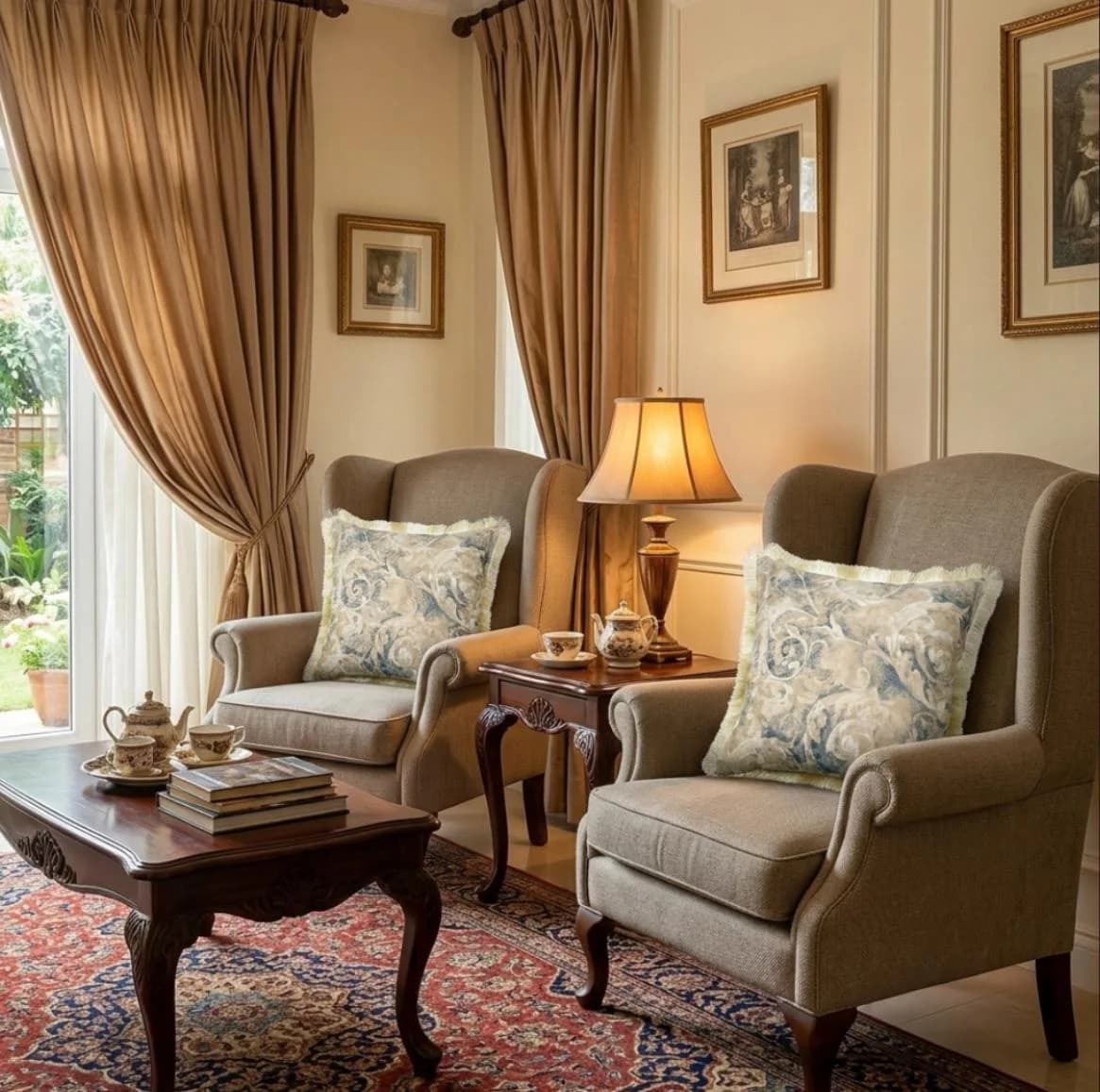 Damask fringed pillows on traditional wing chairs beside a softly lit tea table