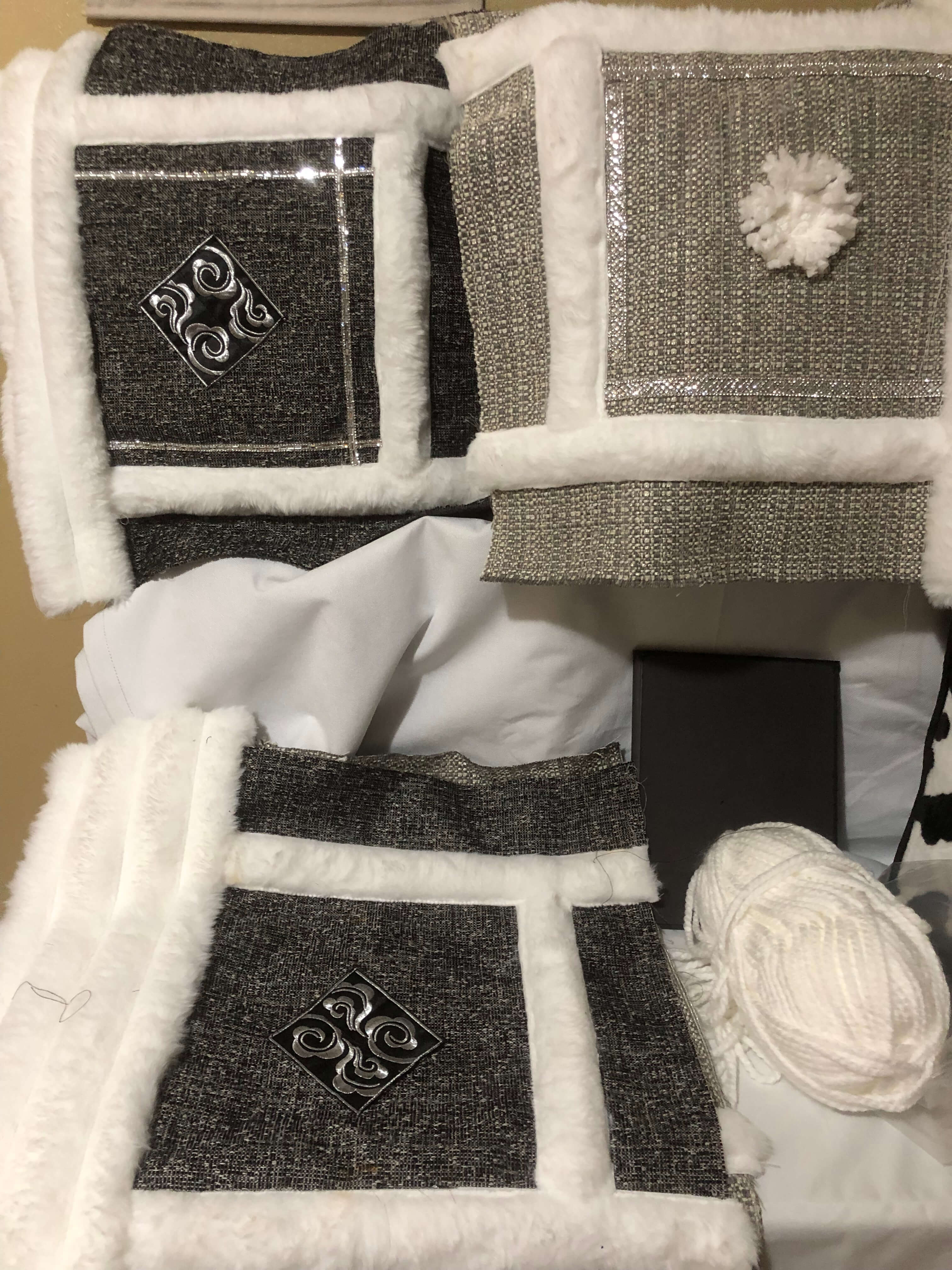 Silver handmade decorative pillow cover with ivory faux-fur trim and textured fabric